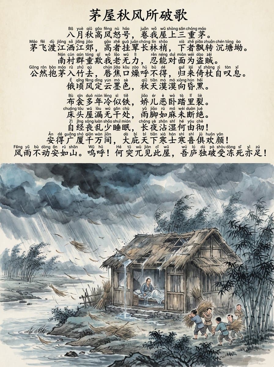 Song of the Autumn Wind Breaking My Thatched Roof - Chinese and Pinyin Chart