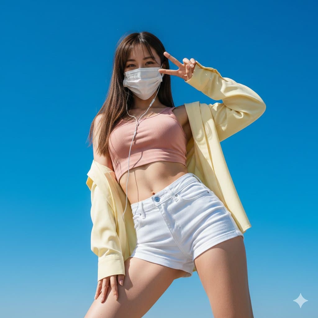 A girl wearing a mask gives a peace sign.