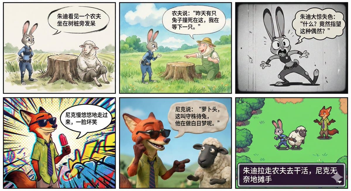 Each panel in the 6-panel comic has a distinct style.