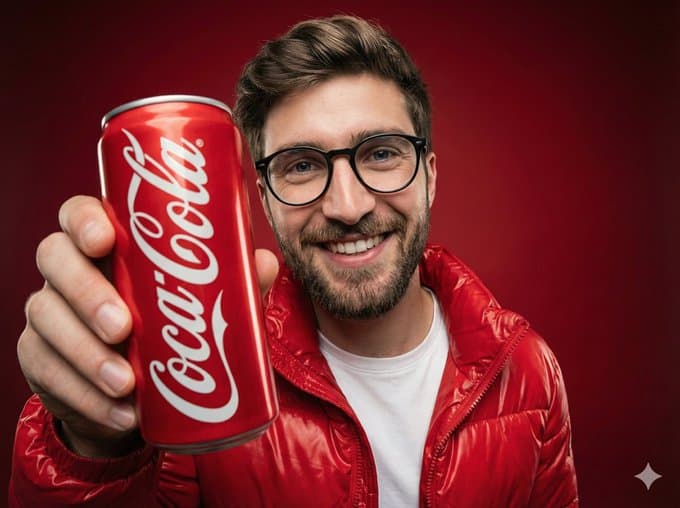 A smiling person holding an aluminum can of Coca-Cola.