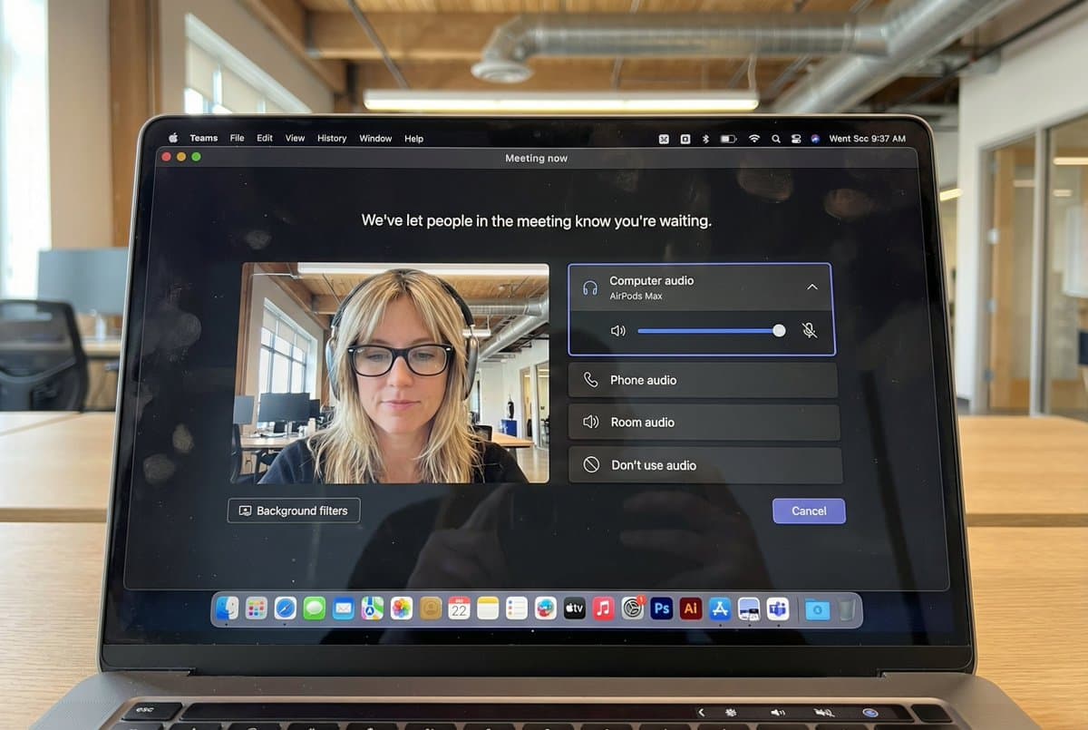 Ultra-realistic MacBook screen video conference image