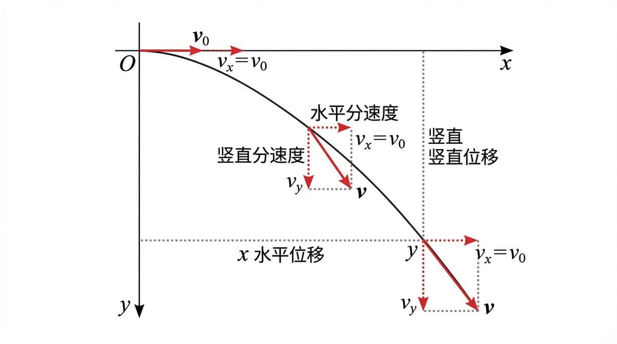 Trajectory of Projectile Motion and Velocity-Displacement Decomposition Diagram