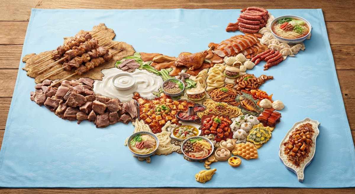 Create a map of China composed of regional and provincial cuisines.