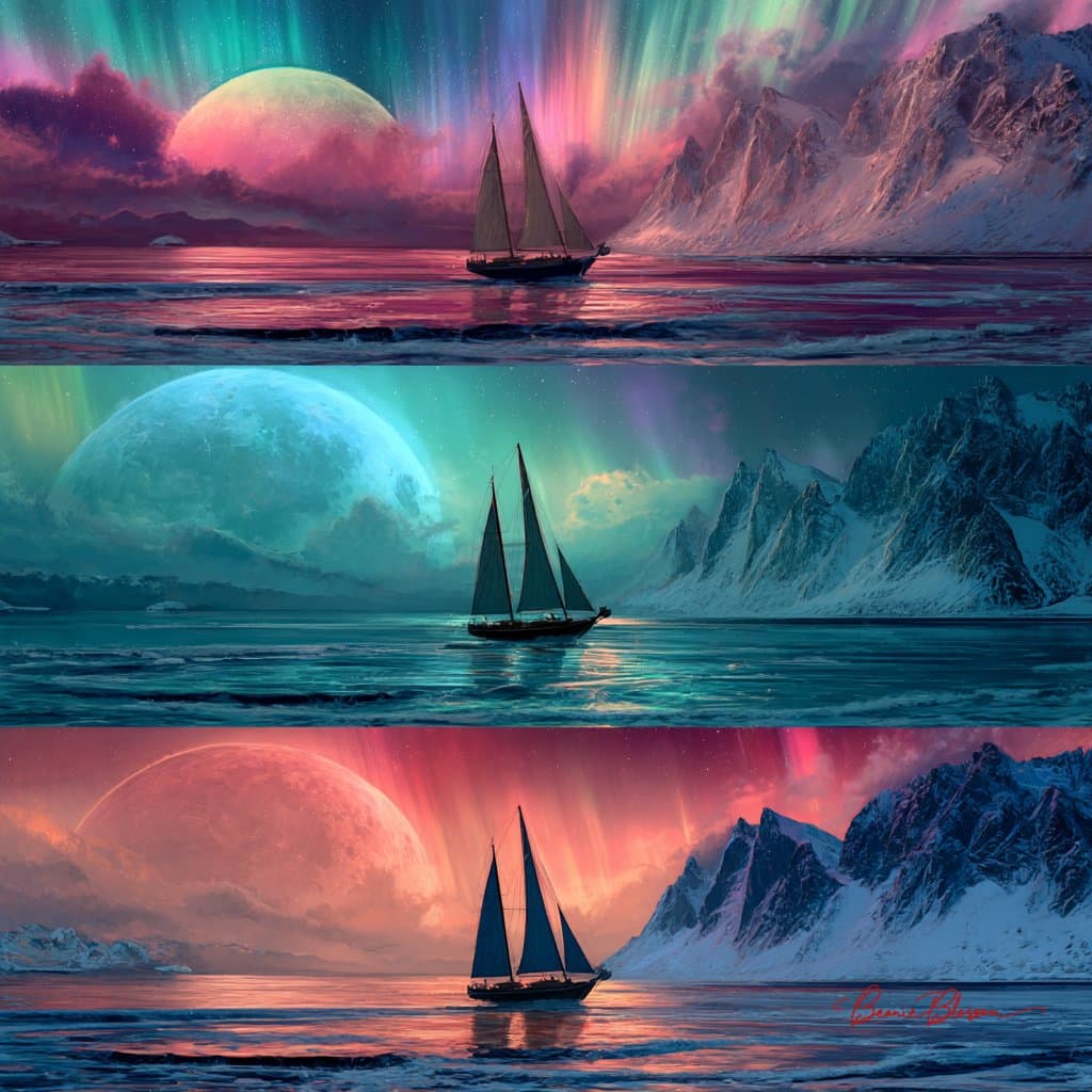 Three different fantasy sailing ships on the ocean